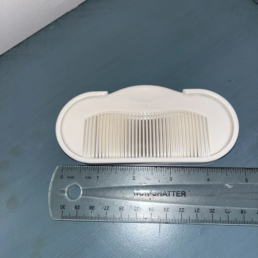 Vintage CLINIQUE ~ Travel Comb and Mirror Combo White Purse Compact